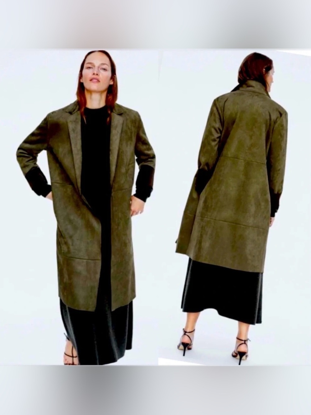 Zara Woman olive green faux-suede open-front long coat